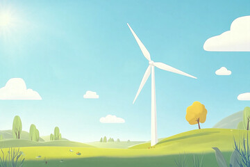 Fototapeta premium Wind turbines in sunny day illustration, renewable energy, green energy, wind power, solar energy, alternative energy, eco-friendly, earth-friendly
