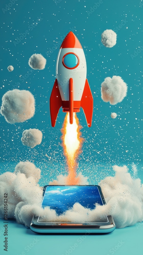 Poster this dynamic image captures a rocket taking off from a smartphone screen, enveloped in soft clouds, 
