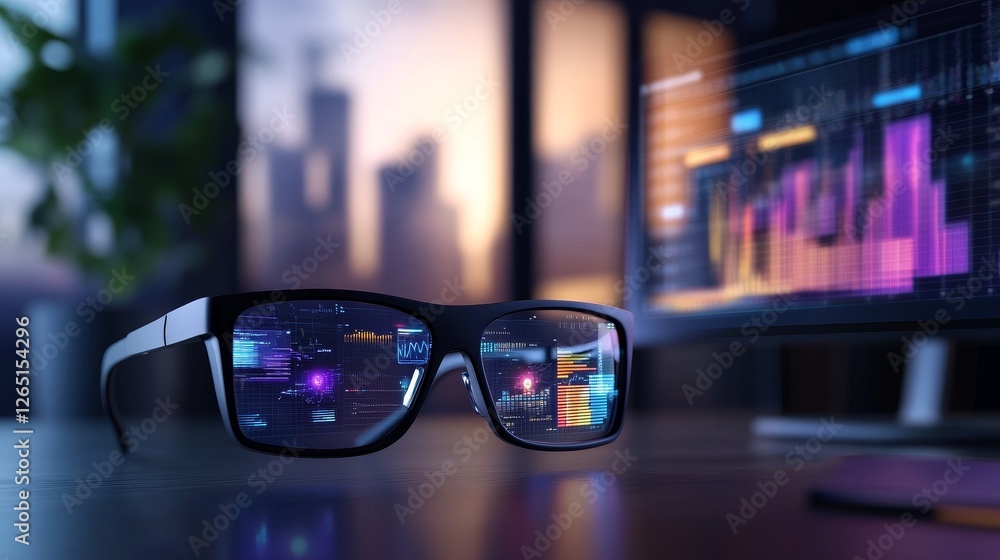 Poster futuristic glasses displaying digital data in an office setting with a city skyline at dusk