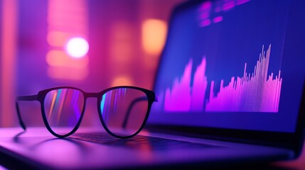 Stylish glasses resting on a laptop with vibrant data visualization in a modern workspace