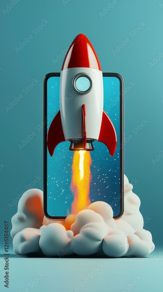 Poster this innovative image portrays a rocket launching from a smartphone display, surrounded by ethereal 