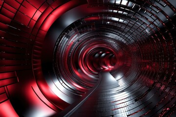 Futuristic abstract tunnel with red and black metallic surfaces creating a dynamic sense of motion and depth Perfect for technology and innovation themes