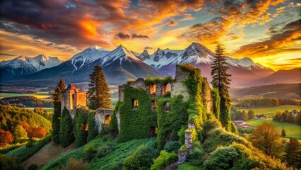 Fototapeta premium Slovakia Double Exposure: Majestic Tatras Mountains Overlapping Ancient Castle Ruins