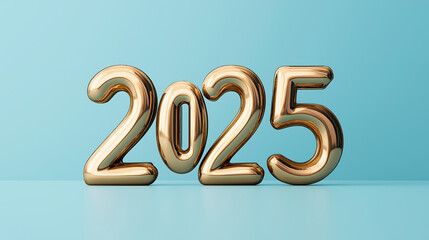 2025 Golden metallic number typography futuristic floating reflective polished surface minimalist blue background surreal conceptual creative modern design elegant aesthetic bold digital party sign