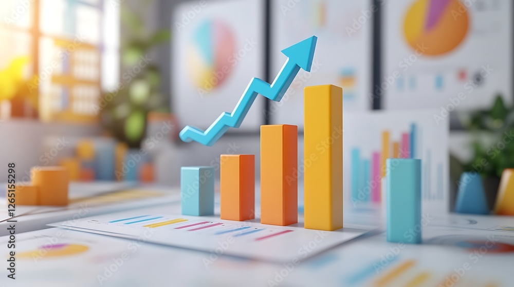 Poster 3d bar graph symbolizing growth in modern office, colorful 3d bar graph with upward arrow in a moder