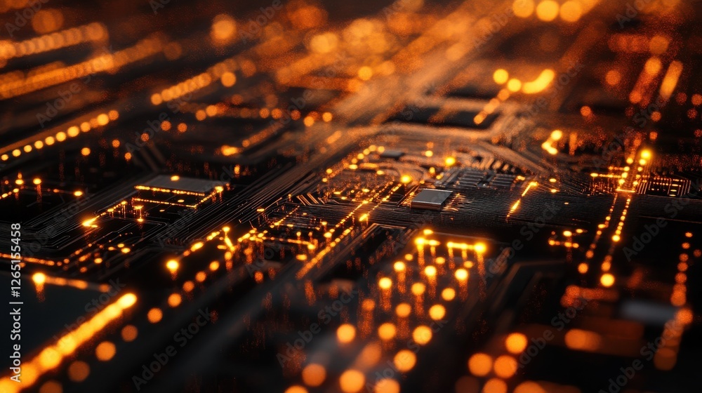 Poster candid close-up of advanced microchip cpu processor circuit board with digital lines