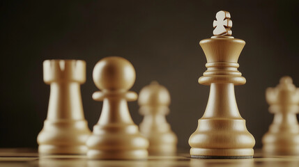 A wooden chess piece is on a board with other pieces