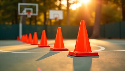 Orange Cones Basketball Court Outdoor Training Sunny Day