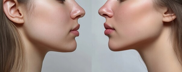 Double chin lift. Female before and after plastic surgery, mentoplasty or facebuilding. Chin fat removal and face contour correction concept