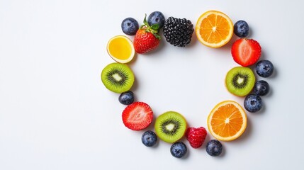 Brightly colored fruits form a circular pattern on a clean, white background, emphasizing nature's bounty. This artistic display celebrates fresh produce, promoting health and vitality