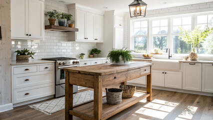 Bright kitchen featuring a rustic wooden island and plenty of greenery