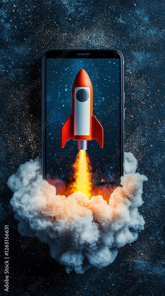 Poster this image features a rocket launching from a smartphone amidst colorful clouds, representing a powe