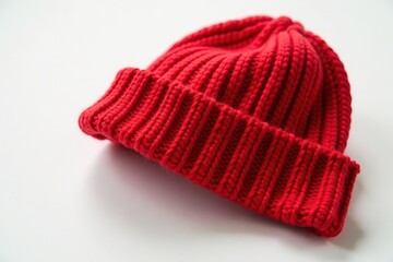 Red knitted cap, folded neatly, highlighting color & texture, yarn, texture, warm