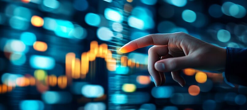 Businessman analyzing illuminated financial data and trends on a futuristic, interactive dashboard. - Powered by Adobe