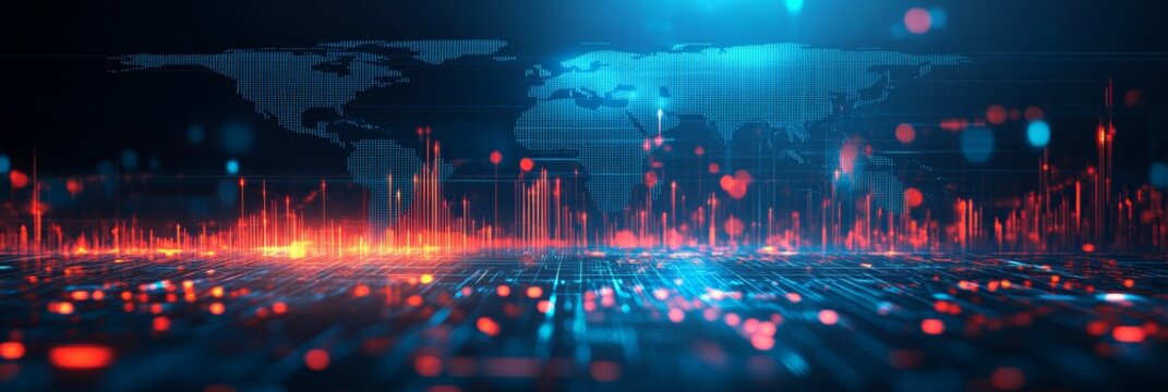 Global Connectivity Technology, Finance, and Data Visualization with Orange and Blue Tones.