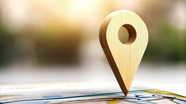 A wooden location pin rests on a map, symbolizing navigation and finding places.
