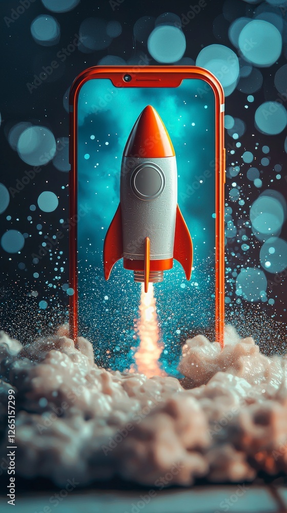 Poster an artistic representation of a rocket ascending from a smartphone in a striking blue setting, symbo