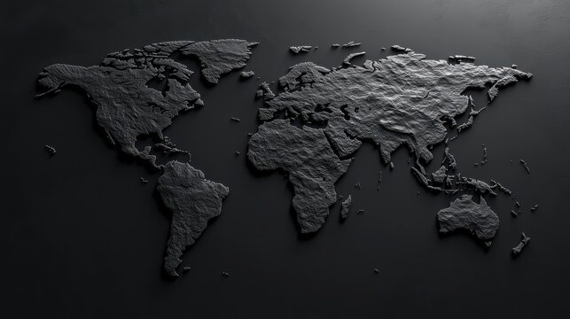 3D World Map White Relief on Black Background: A 3D world map with white relief details on a black background, showcasing global geography and design.