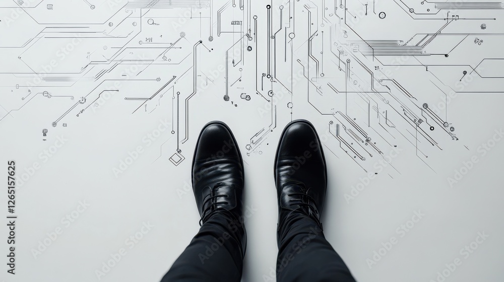 Poster top view of businessman feet standing on abstract circuit arrow sketch on white ground background wi