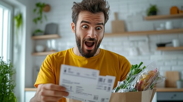 A man holding a grocery shopping bag with groceries, looking at a long receipt from a card. This is the winner of the Boom! stock photo contest, a high-resolution photo with high detail.