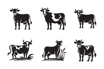 Set of cows. Black silhouette cow isolated on white background. Hand drawn vector illustration.
