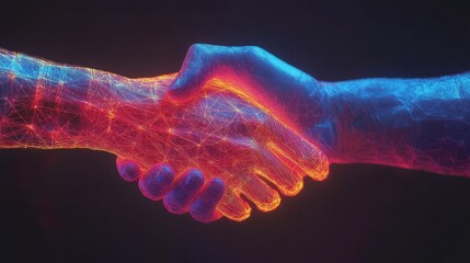 Two hands handshake polygonal low poly hud illustration. Smart contract agreement, blockchain and cryptocurrency, business network concept.