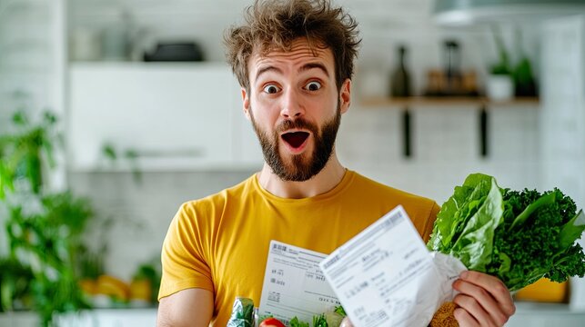 A man holding a grocery shopping bag with groceries, looking at a long receipt from a card. This is the winner of the Boom! stock photo contest, a high-resolution photo with high detail.