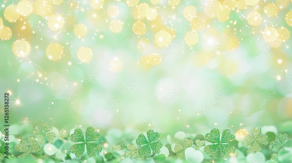 Poster a soft green background filled with sparkling bokeh lights and shamrock shapes, evoking a festive, c