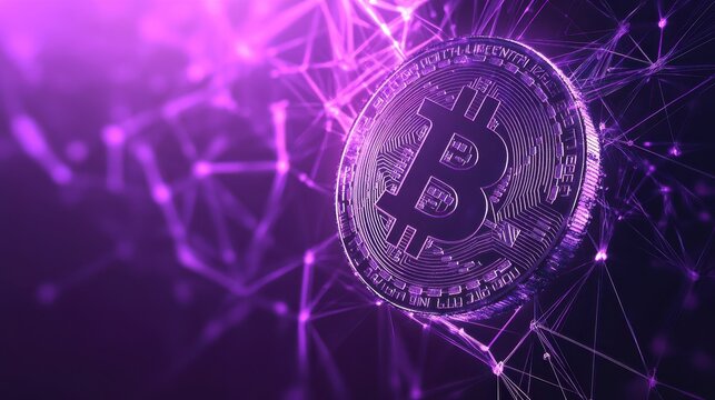 Blockchain technology futuristic hud ultraviolet background with blockchain polygon peer to peer network. Global cryptocurrency block chain business banner concept on violet background.