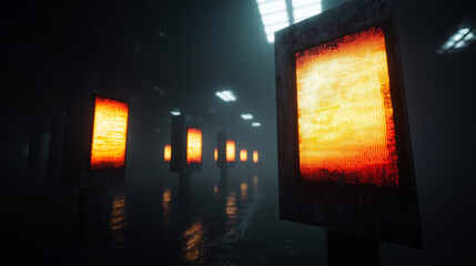 Fototapeta premium Futuristic digital environment with glowing profiles and warning symbols