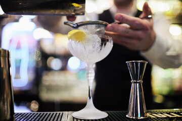 Bartender Preparing Cocktails at a Bar Counter