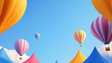 Fototapeta premium Colorful hot air balloons soaring above vibrant tents under a clear blue sky