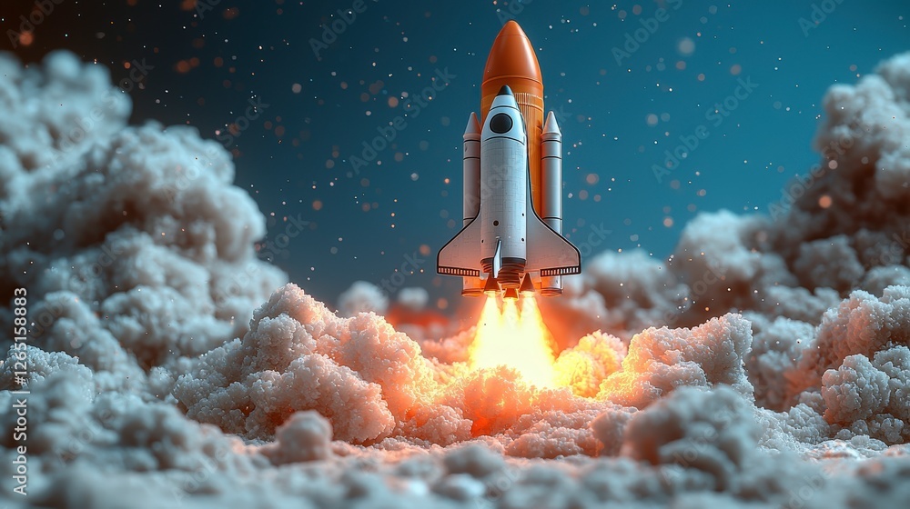 Poster a stunning rocket launching into the sky, surrounded by an explosion of clouds and colorful smoke, c
