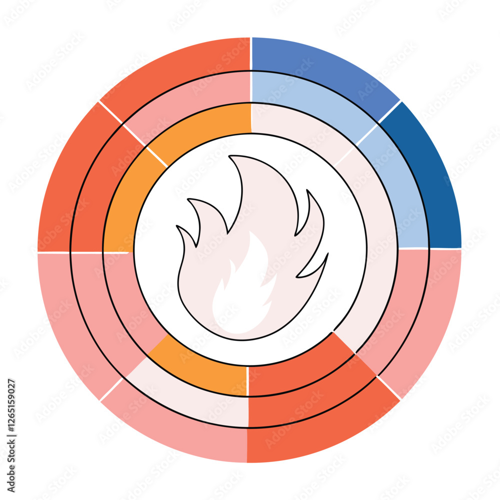 Poster this image features a striking abstract design with a flame motif, circular arrangements in bold col