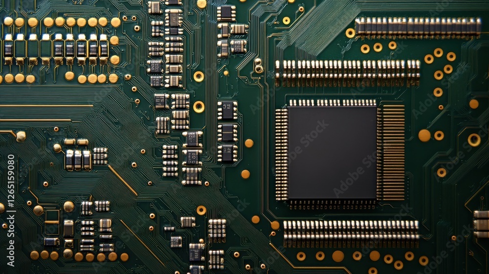 Poster candid close-up of advanced microchip cpu processor circuit board with digital lines