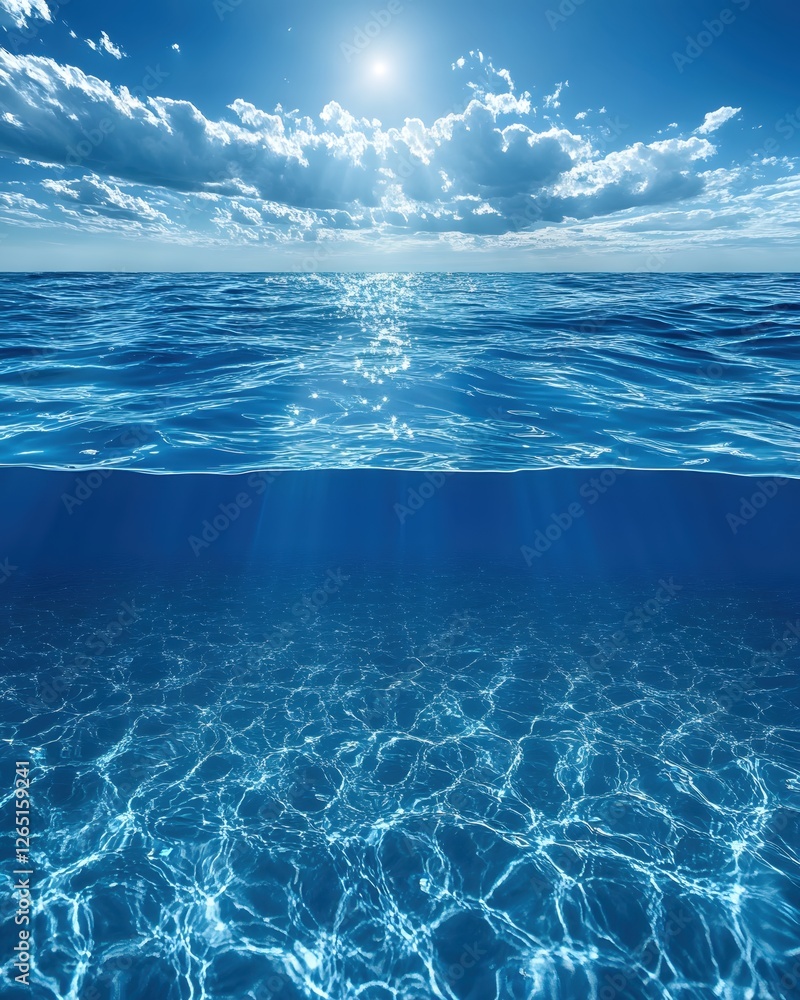 Poster serene ocean view half underwater with sunlight rays and clouds reflecting on the surface