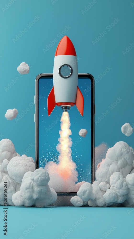 Poster a vibrant scene depicting a rocket lifting off from a mobile device, portraying the connection betwe