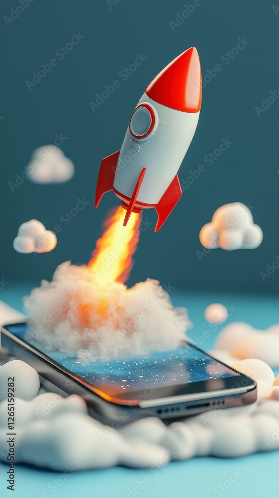 Aufkleber a captivating image of a rocket taking off from a phone screen, enveloped in fluffy clouds, reflecti