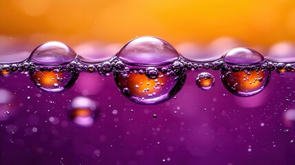 Close-up of vibrant bubbles floating in a colorful liquid, showcasing dynamic movement and vivid hues of purple and orange, perfect for drink-related visuals.