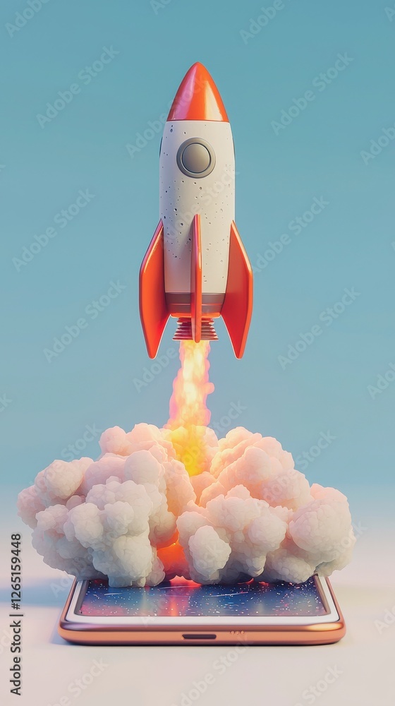 Poster an artistic representation of a rocket blasting off from a smartphone screen, surrounded by colorful