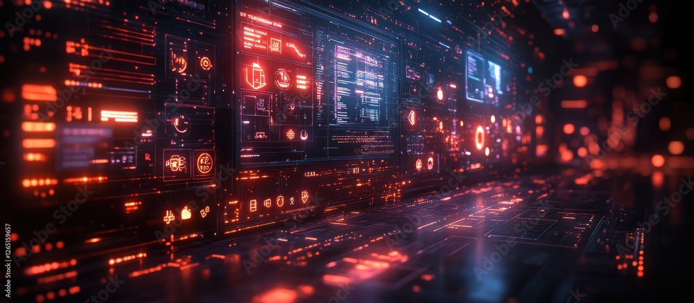 Aufkleber futuristic digital interface with glowing red and blue data streams.
