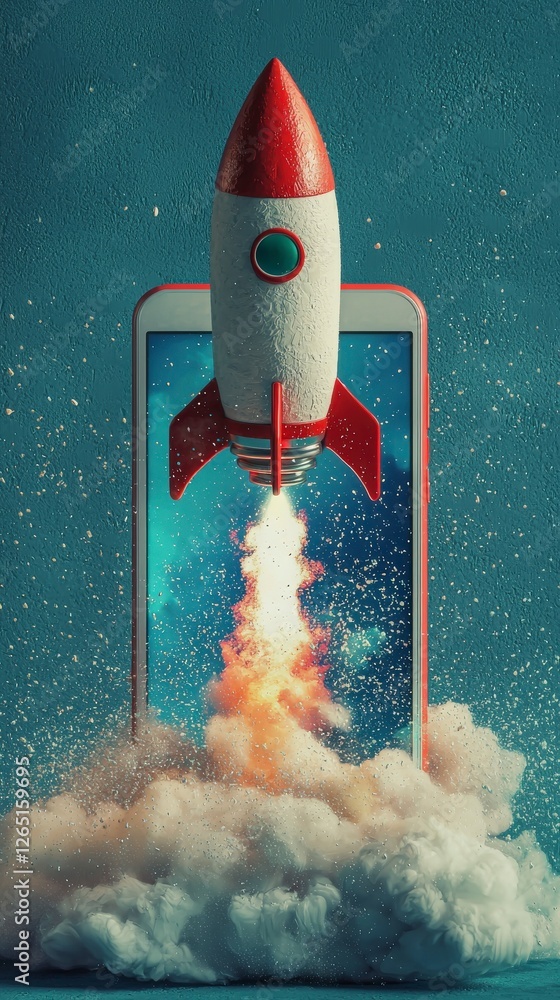 Aufkleber a visually striking image of a rocket launching from a smartphone, surrounded by textured clouds, re