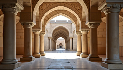 Sassanid archway and column background featuring grand stone columns with spiral carvings and decorative motifs