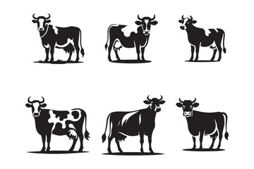 Set of cows. Black silhouette cow isolated on white background. Hand drawn vector illustration.