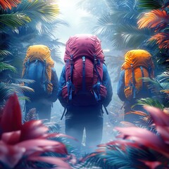 Three hikers stand in a lush forest surrounded by tropical plants, ready for adventure. Bright backpacks add color to the enchanting environment.