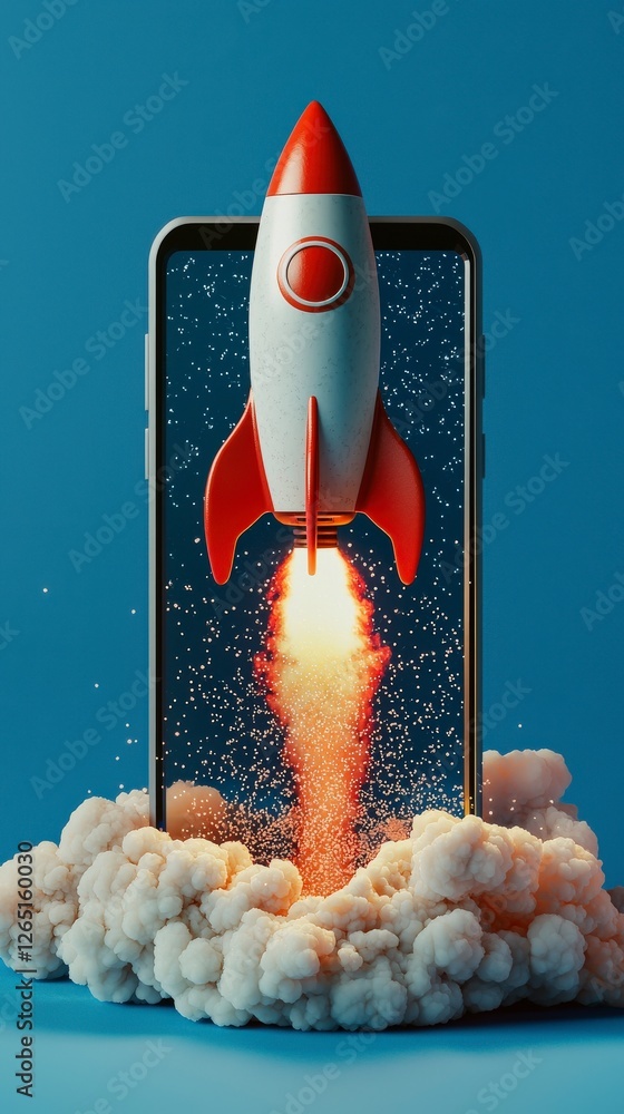 Poster an explosive scene capturing a rocket's powerful ascent from a mobile device, signifying technologic