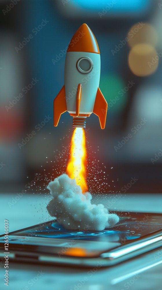 Poster a stylistic representation of a rocket zipping upwards from a mobile device, showcasing a blend of t