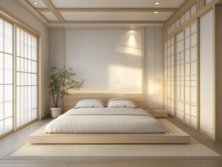Minimalist japanese style bedroom featuring a low platform bed
