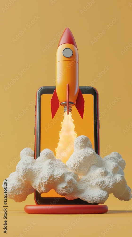 Poster a colorful rocket blasting off from a smartphone with a playful design aesthetic, encapsulating the 