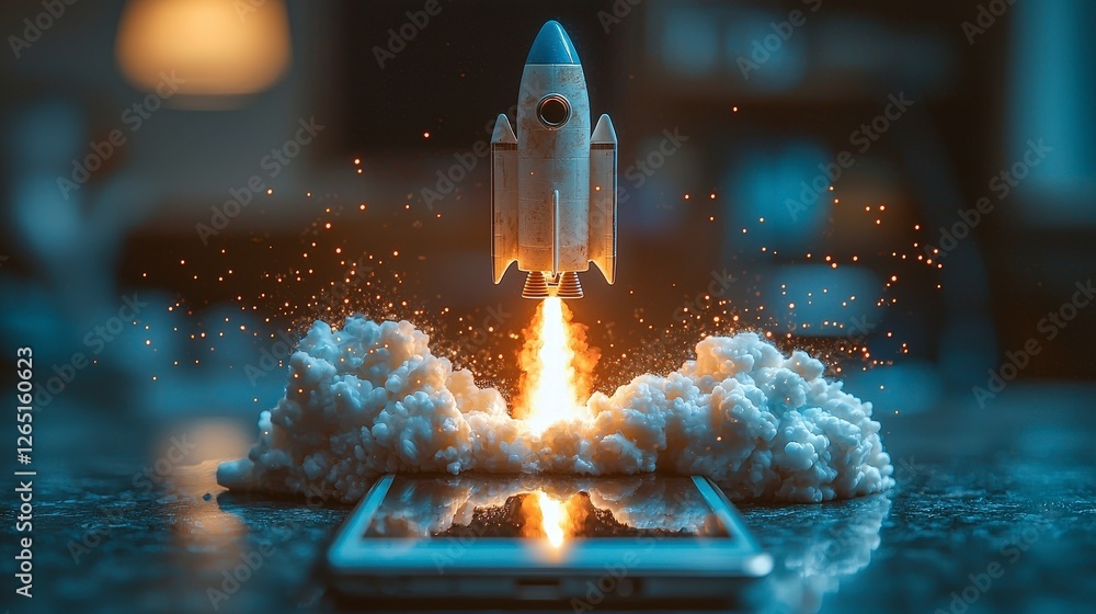 Poster an imaginative scene showcases a rocket launching from a smartphone, surrounded by dynamic clouds an